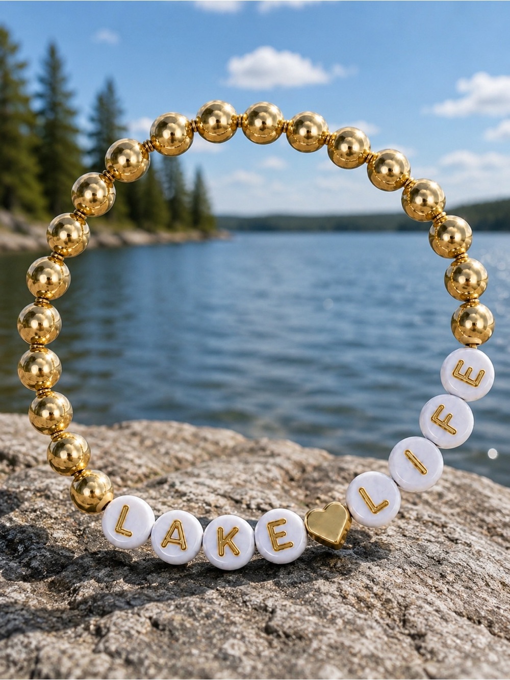 Hand Crafted LAKE LIFE Stretch Bracelet Gold White 7"